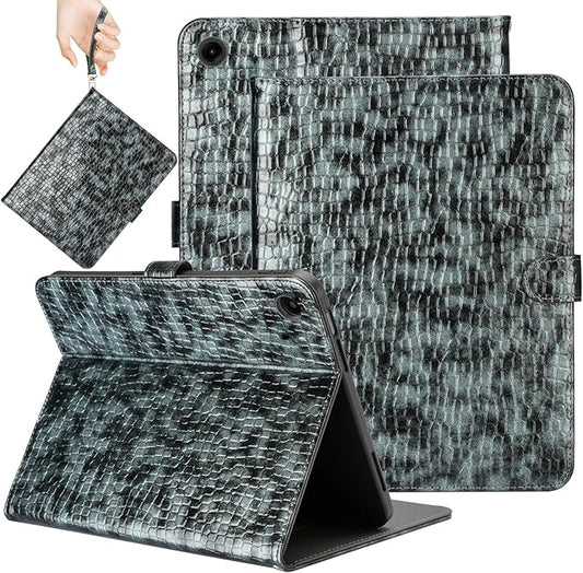 Elegant Case for Samsung Galaxy Tab A9 Plus 11 Inch 2023（Model: SM-X210/X216/X218）, Premium Leather Crocodile Cover | Stand | Card Pockets| Wrist Strap| S Pen Holder(Black+Gray)