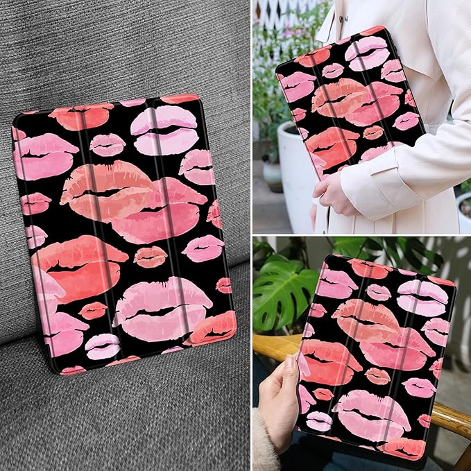 MEEgoodo Case for Samsung Galaxy Tab A9 Plus 11 inch Cover 2024 2023 with S Pen Holder, A9+ Smart Tablet Cases with Leather Trifold Stand+Soft TPU Back Shell+Smart Auto Wake/Sleep, Red & Pink Lips