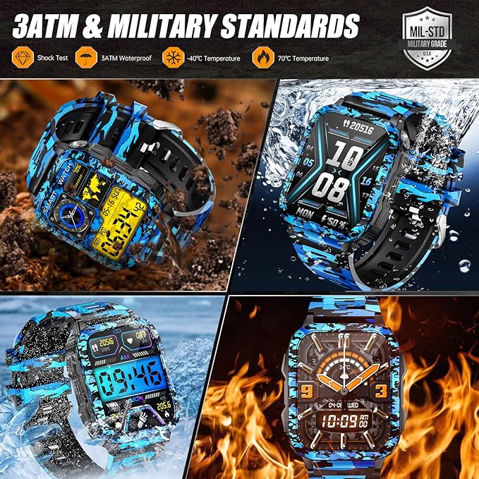Military Smart Watch for Men with Call/LED Flashlight/UV Light 1.96" Big Screen 3ATM Waterproof Rugged Tactical Smartwatch Fitness Tracker with HR/Sleep Monitor for iPhone Android
