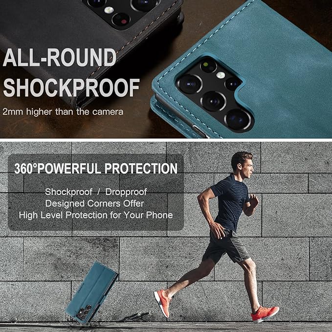 for Samsung Galaxy S22 Ultra Case, Flip Wallet Leather Case with Card Holder Magnetic Closure Shockproof Kickstand Protective Phone Cases Cover for Samsung S22 Ultra,Blue-Green