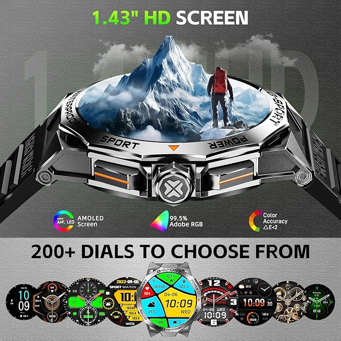 Military Smart Watch for Men with 1.43'' AMOLED Always On Display Watch 300mAh Battery Rugged Smartwatch with Heart Rate Blood Oxygen Sleep Monitor Fitness Tracker for iPhone Android (Stainless Steel)