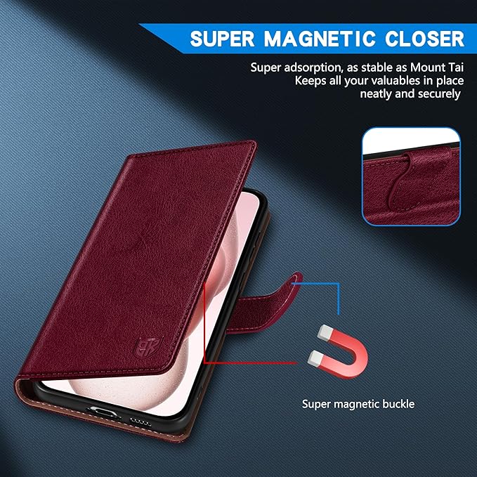 ZZXX for iPhone 15 Wallet Case with [RFID Blocking] Card Slot Kickstand Magnetic Closure Leather Flip Fold Protective Phone Case for iPhone 15 Case Wallet(Wine Red-6.1 inch)