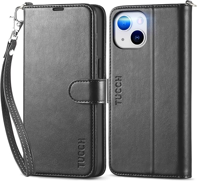 TUCCH Case Wallet for iPhone 14 6.1-inch, [Wrist Strap] RFID Blocking 4 Card Slot Stand [Shockproof TPU Shell], PU Leather Magnetic Flip Cover Compatible with iPhone 14 2022, Black with Wristlet