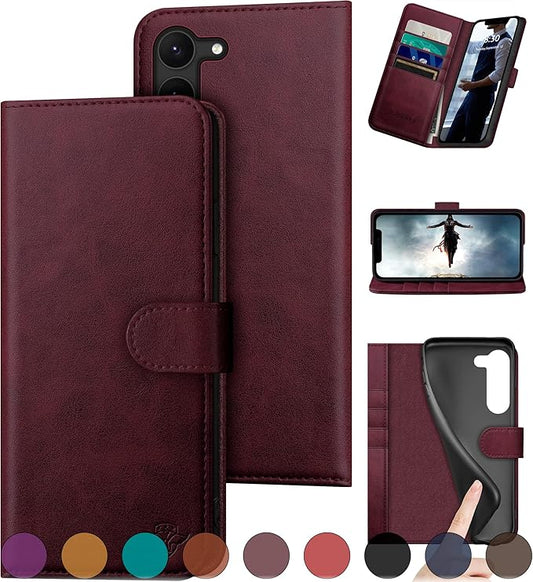 for Samsung Galaxy S23 5G Genuine Leather Wallet case 【RFID Blocking】【4 Credit Card Holder】【Real Leather】 Flip Folio Book Phone case Protective Cover Women Men for SamsungS23 case Wine Red