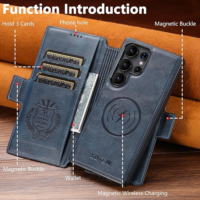 SINIANL for Samsung Galaxy S22 Ultra Leather Wallet Case Compatible with MagSafe Wireless Charging, Detachable Leather Cover with Card Slots Holder, Kickstand, Magnetic for Galaxy S22 Ultra Blue