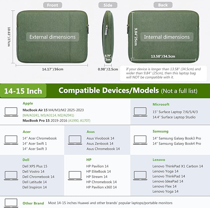 HYZUO 14-15 Inch Laptop Sleeve Bag Set for MacBook Air 15 M4/M3/M2, MacBook Pro 15, XPS 14/15 Plus, 15" Surface Laptop, Notebook Case for 14" HP Lenovo ThinkPad Asus Acer Huawei, Grass Green