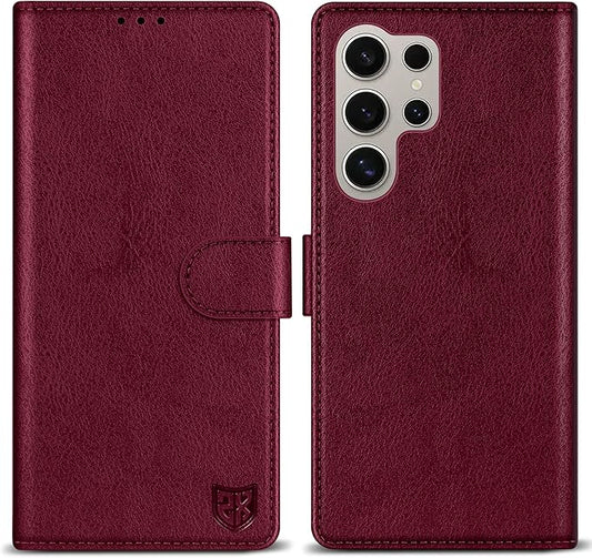 ZZXX for Samsung Galaxy S25 Ultra Wallet Case with [RFID Blocking] Card Slot Kickstand Magnetic Closure Leather Flip Fold Protective Phone Case for Galaxy S25 Ultra 5G Case Wallet(Wine Red-6.8 inch)