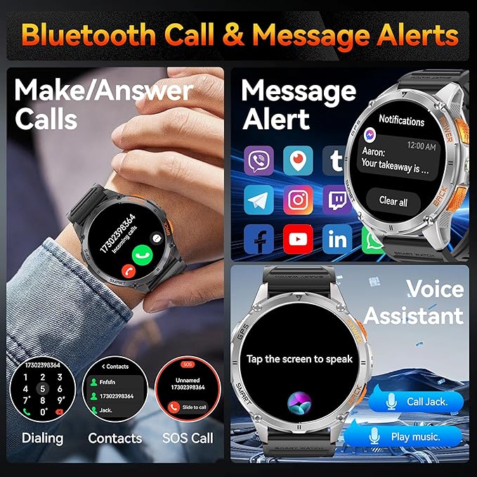 KPEP Military Smart Watches for Men with GPS, 1.43" AMOLED/2 Straps/LED Flashlight/IP68 Waterproof Smartwatch, Make/Answer Calls, 170+ Sport Modes, Compass, Fitness Tracker for iOS Android, Black