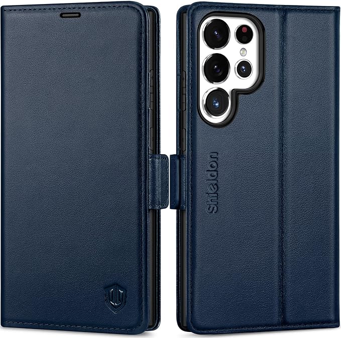 SHIELDON Case for Galaxy S25 Ultra 6.9", Genuine Leather Flip Wallet Case Kickstand RFID Blocking Credit Card Holder Magnetic Shockproof Cover Compatible with Galaxy S25 Ultra 2025 - Nappa Navy Blue