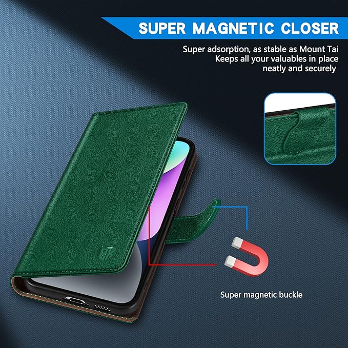 ZZXX for iPhone 14 Wallet Case with [RFID Blocking] Card Slot Kickstand Magnetic Closure Leather Flip Fold Protective Phone Case for iPhone 14 Case Wallet(Green-6.1 inch)