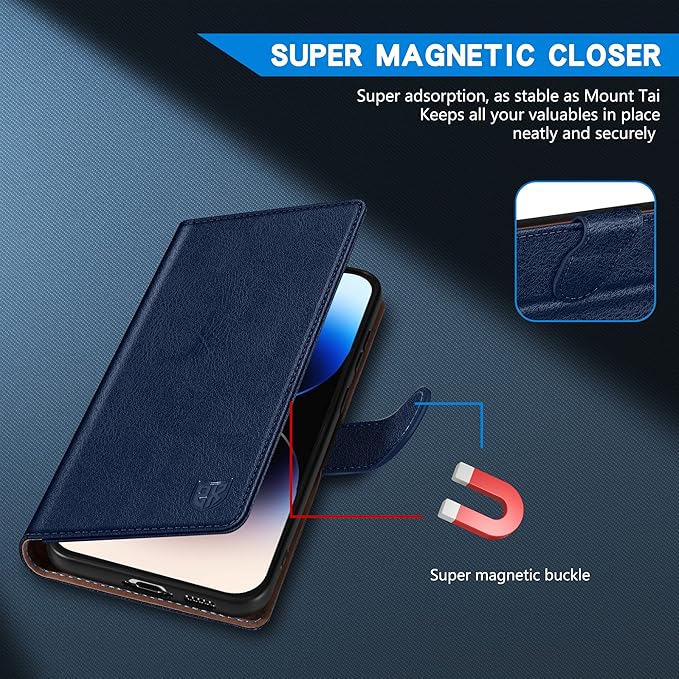 ZZXX for iPhone 14 Pro Wallet Case with [RFID Blocking] Card Slot Kickstand Magnetic Closure Leather Flip Fold Protective Phone Case for iPhone 14 Pro Case Wallet(Blue-6.1 inch)