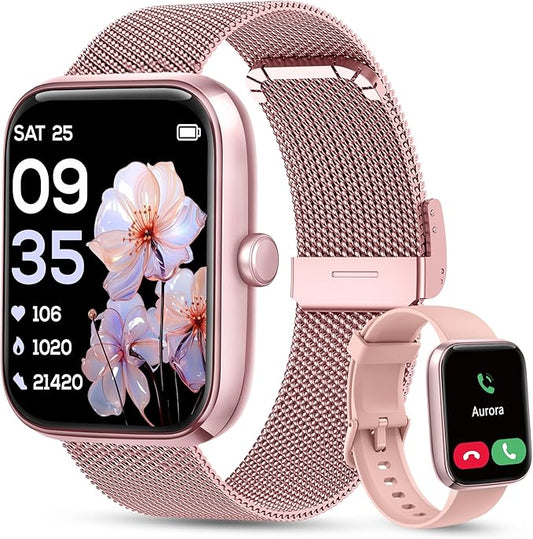 KALINCO Smart Watch Women [2 Bands, 44mm case] Alexa Fitness Tracker, Heart Rate, Sleep, Stress & SpO2 Monitor, IP68 Waterproof Smartwatch, Make/Answer Calls, Compatible with iPhone & Android Phones
