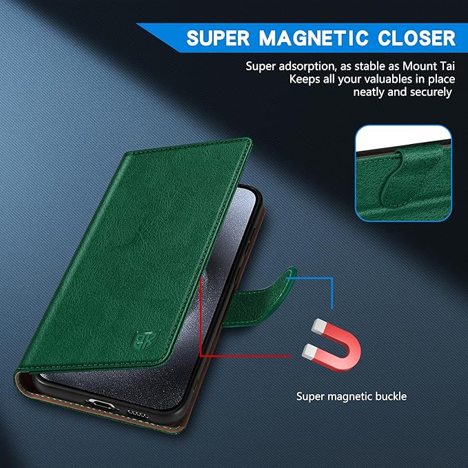 ZZXX for iPhone 15 Pro Wallet Case with [RFID Blocking] Card Slot Kickstand Magnetic Closure Leather Flip Fold Protective Phone Case for iPhone 15 Pro Case Wallet(Green-6.1 inch)