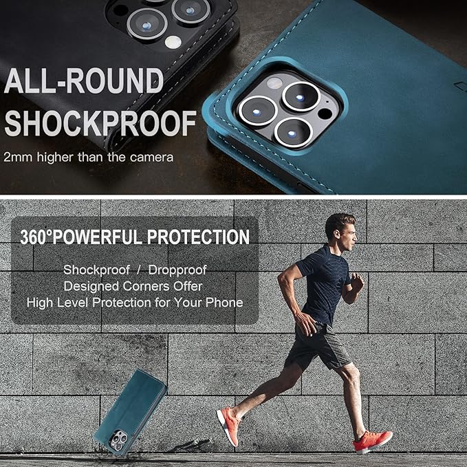 for iPhone 14 Pro Case, Flip Wallet Leather Case with Card Holder Magnetic Closure Shockproof Kickstand Protective Phone Cases Cover for iPhone 14 Pro, Blue-Green