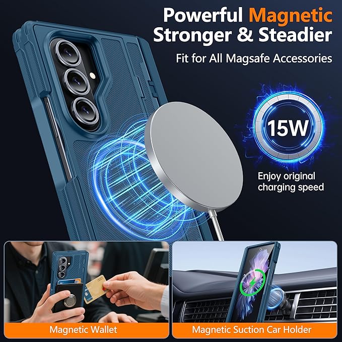 Oterkin Magnetic for Samsung Galaxy Z Fold 7 Case Built-in Screen Protector [Thinner S Pen Holder & Kickstand] [Fit for MagSafe] [Hinge Protection] Full Body Shockproof Phone Case for Z Fold 7, Blue-A