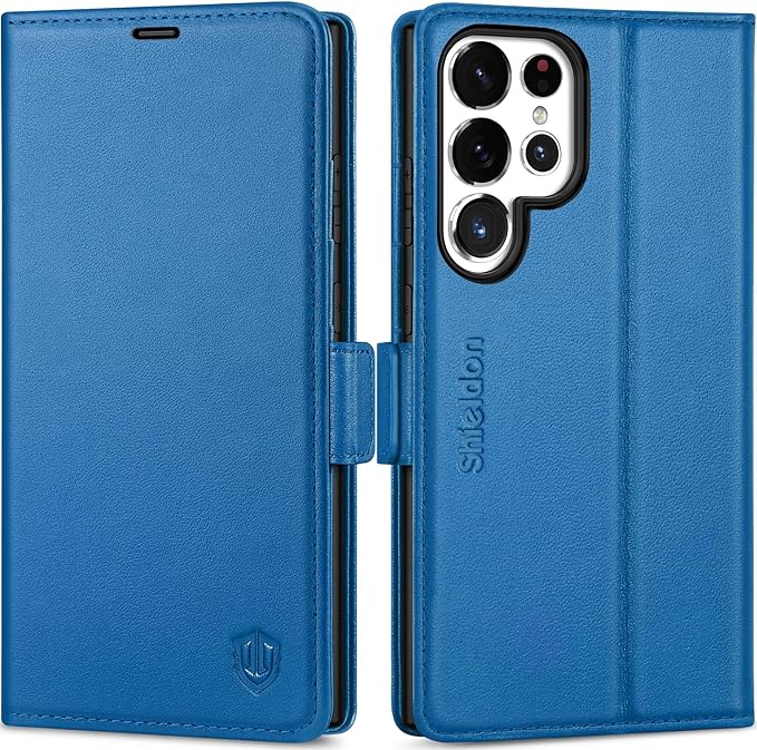 SHIELDON Case for Galaxy S25 Ultra 6.9", Genuine Leather Wallet RFID Blocking Card Holder Kickstand Magnetic Shock Absorbing Protective Case Compatible with Galaxy S25 Ultra - Nappa Sapphire Blue
