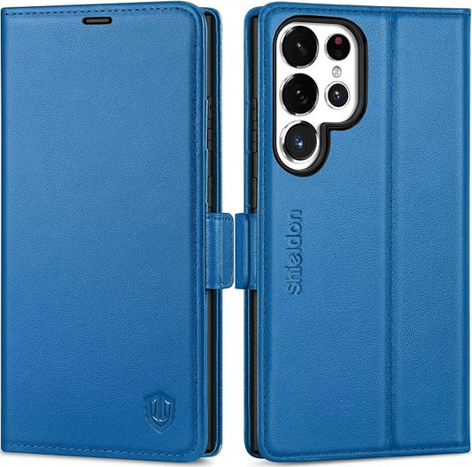 SHIELDON Case for Galaxy S25 Ultra 6.9", Genuine Leather Wallet RFID Blocking Card Holder Kickstand Magnetic Shock Absorbing Protective Case Compatible with Galaxy S25 Ultra - Nappa Sapphire Blue
