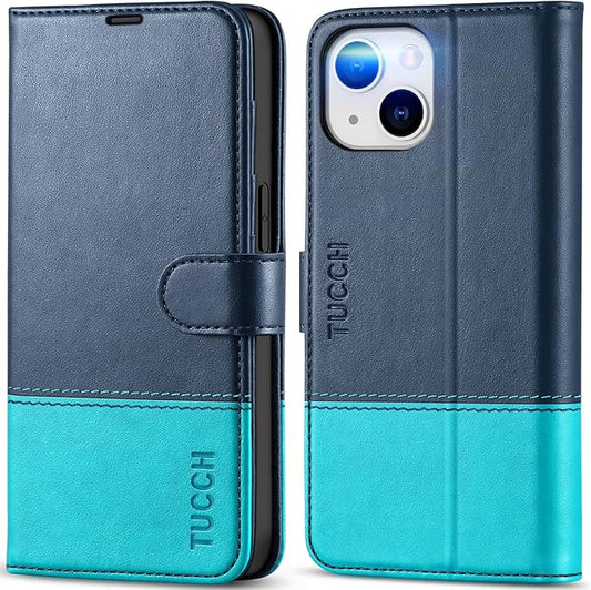 TUCCH Wallet Case for iPhone 14, [RFID Blocking] [4 Card Slots] TPU Interior Protective Case, Magnetic Folio Shockproof PU Leather Stand Flip Cover Compatible with iPhone 14 6.1, Dark Blue&Lake Blue