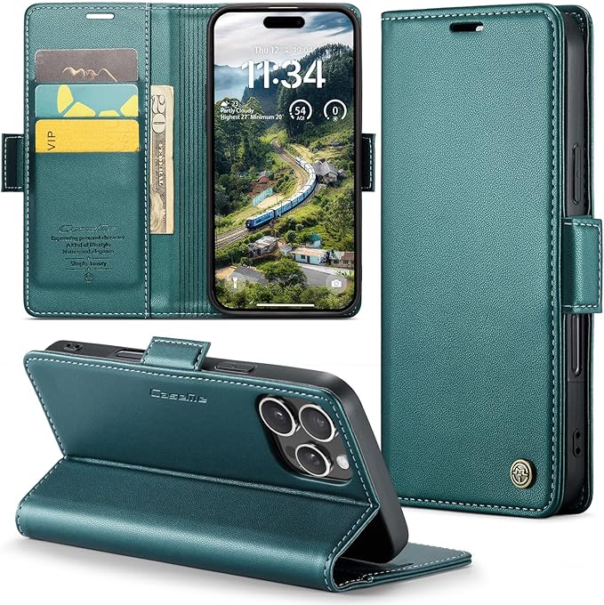 for iPhone 16 Pro Max Case, Premium PU Leather Wallet Case Flip Cover with [RFID Blocking][Card Holder][Stand Function] Shockproof Protective for iPhone 16 Pro Max 6.9", Blue-Green