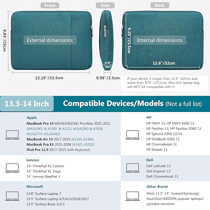 HYZUO 13.3-14 Inch Laptop Sleeve Bag Set for MacBook Pro 14 M4/M3/M2/M1, MacBook Air/Pro 13.3, 13.5"/13.8" Surface Book/Laptop, Notebook Case for 13.3" HP Dell Lenovo Asus Acer, Dark Green