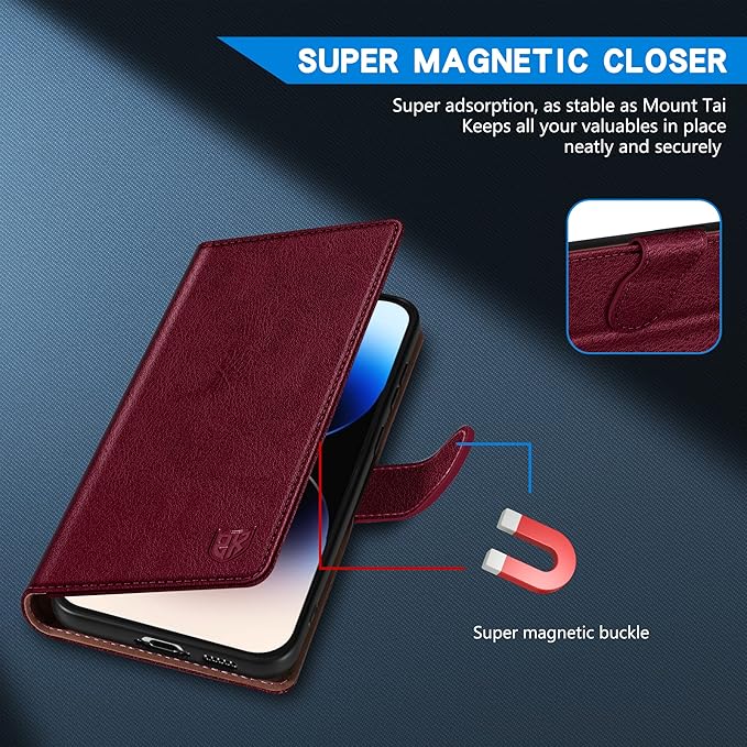 ZZXX for iPhone 14 Pro Wallet Case with [RFID Blocking] Card Slot Kickstand Magnetic Closure Leather Flip Fold Protective Phone Case for iPhone 14 Pro Case Wallet(Wine Red-6.1 inch)