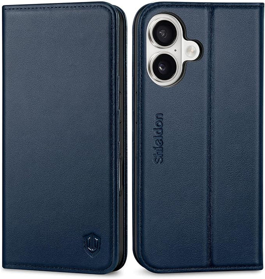 SHIELDON Case for iPhone 16 6.1" 2024, Genuine Leather Folio Wallet Magnetic Closure Kickstand RFID Blocking Card Slots Full Protection Cover Compatible with iPhone 16 5G - Nappa Navy Blue