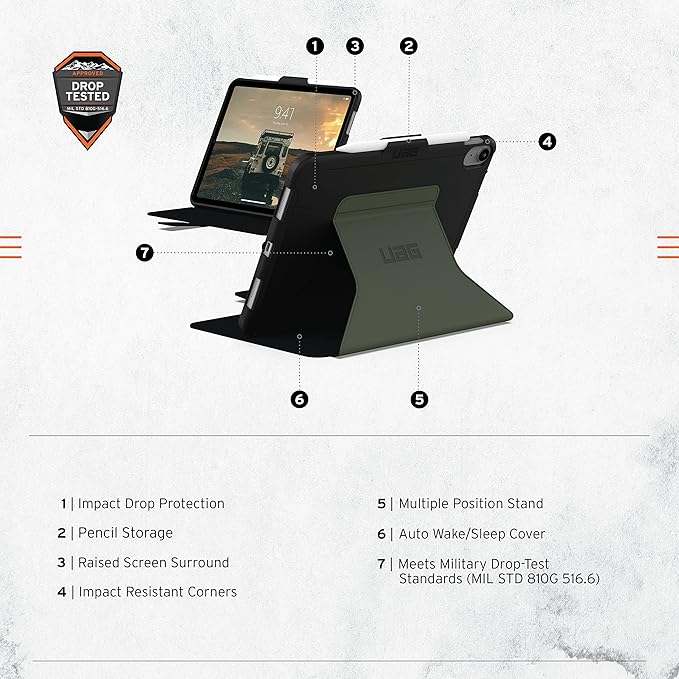 URBAN ARMOR GEAR UAG Designed for iPad 11" A16 11th Gen 2025, 10.9" 10th Gen 2022 Case A3354 A3355 A2696 - Rugged Slim Protective Folio Cover with Pencil Holder, Scout Folio Black/Olive