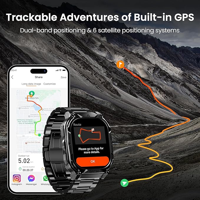 AMAZTIM GPS Smart Watch for Men, 6 Satellite Positioning, Compass, Stainless Steel Body, 50M Waterproof, 480mAh Extra-Large Battery, Answer/Make Call, 1.96" AMOLED Screen, Compatible for Android iOS