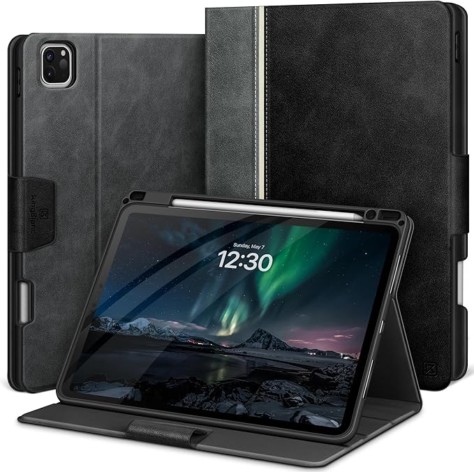 KingBlanc Case for iPad Pro 11 inch (M4) 2024 with Pencil Holder, Vegan Leather Smart Stand Cover, Auto Sleep Wake, Support Pencil Pro/(USB-C), Angles for Viewing/Writing, Durable Protection, Black
