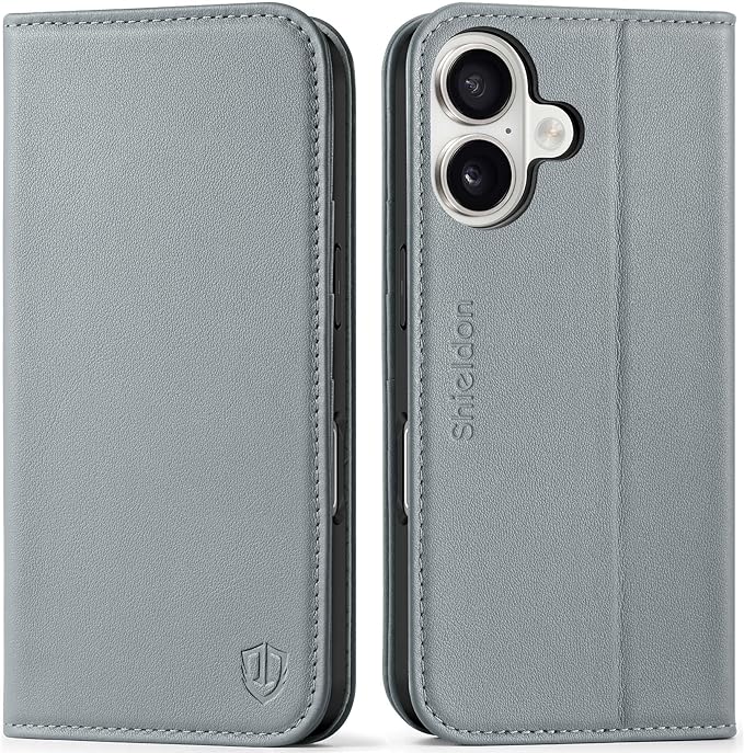 SHIELDON Wallet Case for iPhone 17 6.3-inch 5G 2025 | Genuine Leather, Flip, Magnetic Closure, RFID Blocking 3 Card Holder, Kickstand, Full Protection, Shockproof Soft TPU Cover - Gray