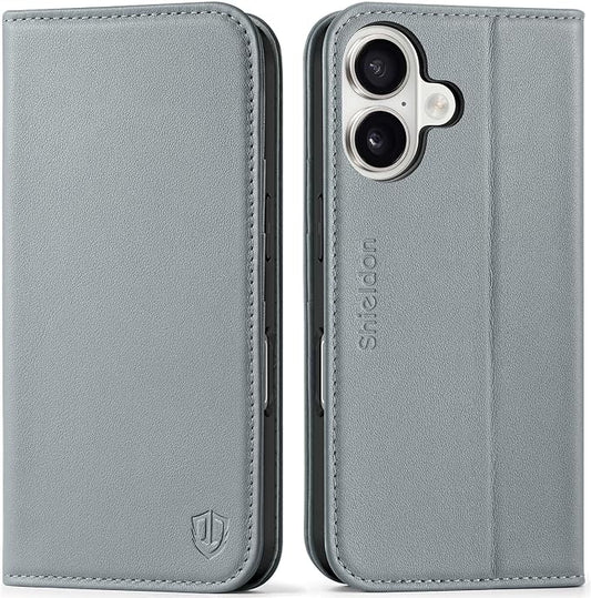 SHIELDON Wallet Case for iPhone 17 6.3-inch 5G 2025 | Genuine Leather, Flip, Magnetic Closure, RFID Blocking 3 Card Holder, Kickstand, Full Protection, Shockproof Soft TPU Cover - Gray