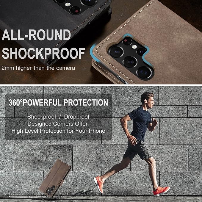 for Samsung Galaxy S23 Ultra 5G Case, Flip Wallet Leather Case with Card Holder Magnetic Closure Shockproof Kickstand Protective Phone Cases Cover for Galaxy S23 Ultra 5G 6.8 Inch,Coffee