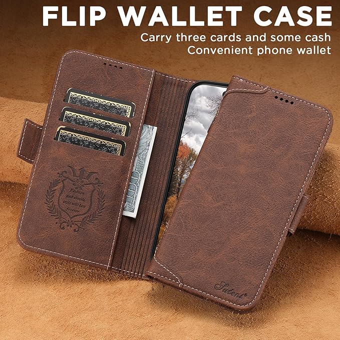 Leather Magnetic Wallet Case for iPhone 17 Air Compatible With MagSafe & Wireless Charging, 3 Card Slots & ID Holder, Kickstand, 360° Military Shockproof Protection for phone17air Premium Brown