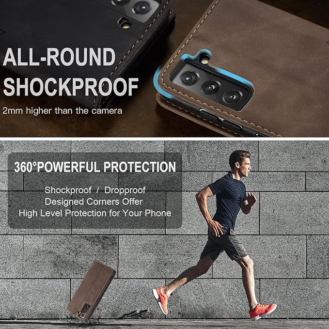 for Samsung Galaxy S22 Case, Flip Wallet Leather Case with Card Holder Magnetic Closure Shockproof Kickstand Protective Phone Cases Cover for Samsung S22,Coffee