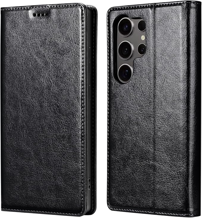 for Samsung Galaxy S25 Ultra Wallet Case, Genuine Leather Flip Folio Cover with RFID Blocking Card Slots, Kickstand [Shockproof TPU Inner Shell] for Galaxy S25 Ultra (Black)