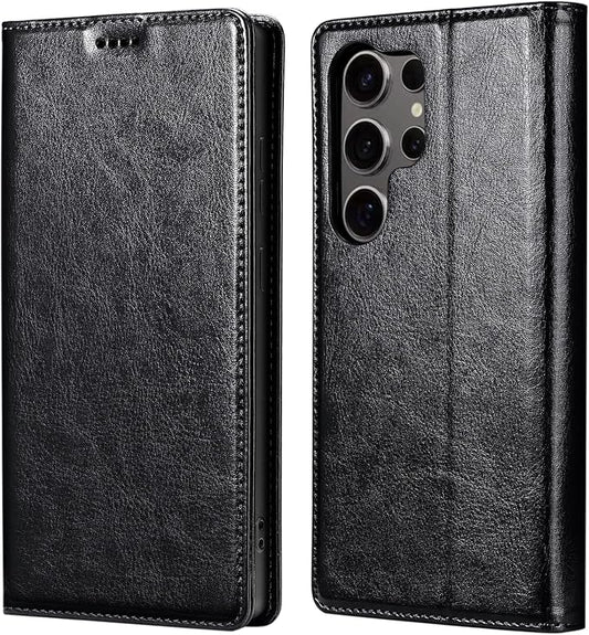 for Samsung Galaxy S25 Ultra Wallet Case, Genuine Leather Flip Folio Cover with RFID Blocking Card Slots, Kickstand [Shockproof TPU Inner Shell] for Galaxy S25 Ultra (Black)
