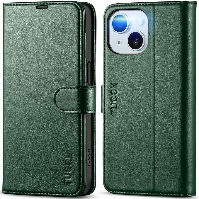 TUCCH Case Wallet for iPhone 15 6.1", Protective [TPU Shockproof Inner Shell], Kickstand PU Leather RFID Blocking [4 Card Holder] Magnetic Closure Cover Compatible with iPhone 15 5G, Dark Green