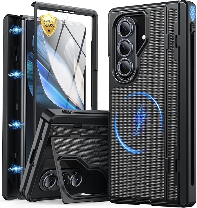 Oterkin Magnetic for Samsung Galaxy Z Fold 7 Case Built-in Screen Protector [Thinner S Pen Holder & Kickstand] [Fit for MagSafe] [Hinge Protection] Full Body Shockproof Phone Case for Z Fold 7, Black