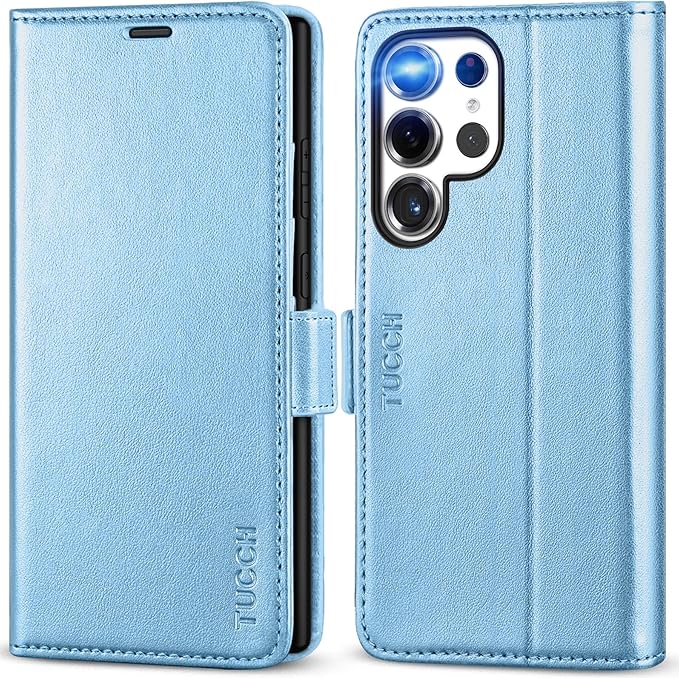 TUCCH Case Wallet for Galaxy S25 Ultra 5G, Magnetic PU Leather Kickstand [RFID Blocking] Card Slot Flip Cover with [TPU Shockproof Interior Case] Compatible with Galaxy S25 Ultra, Pearly Light Blue