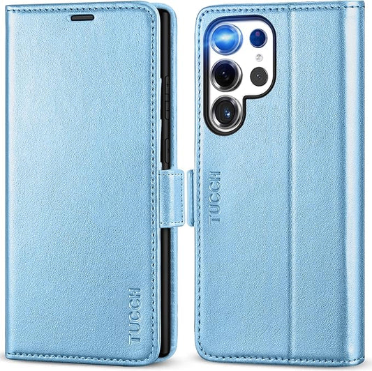 TUCCH Case Wallet for Galaxy S25 Ultra 5G, Magnetic PU Leather Kickstand [RFID Blocking] Card Slot Flip Cover with [TPU Shockproof Interior Case] Compatible with Galaxy S25 Ultra, Pearly Light Blue
