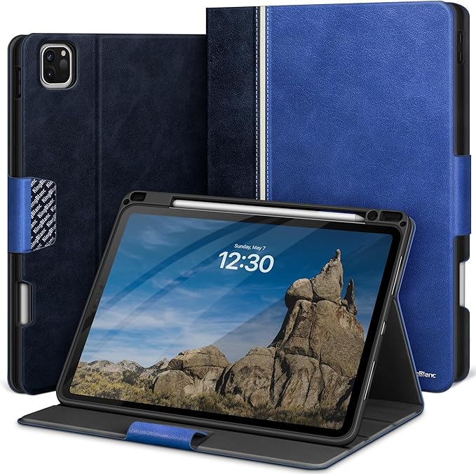 KingBlanc Case for iPad Pro 11 inch (M4) 2024 with Pencil Holder, Vegan Leather Smart Stand Cover, Auto Sleep Wake, Support Pencil Pro/(USB-C), Angles for Viewing/Writing, Durable Protection, Blue