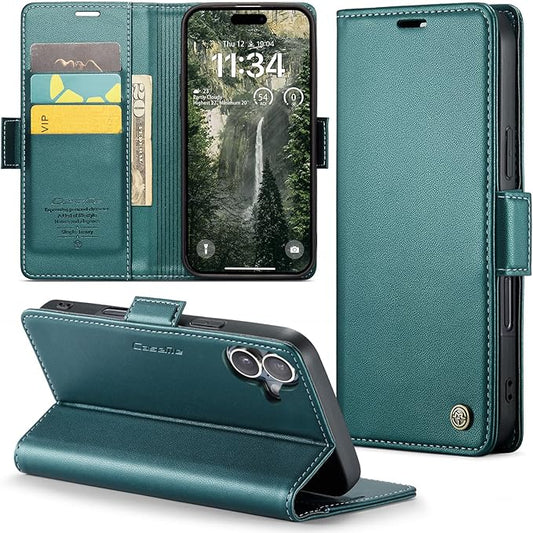 for iPhone 16 Plus Case, Premium PU Leather Wallet Case Flip Cover with [RFID Blocking][Card Holder][Stand Function] Shockproof Protective for iPhone 16 Plus, Blue-Green