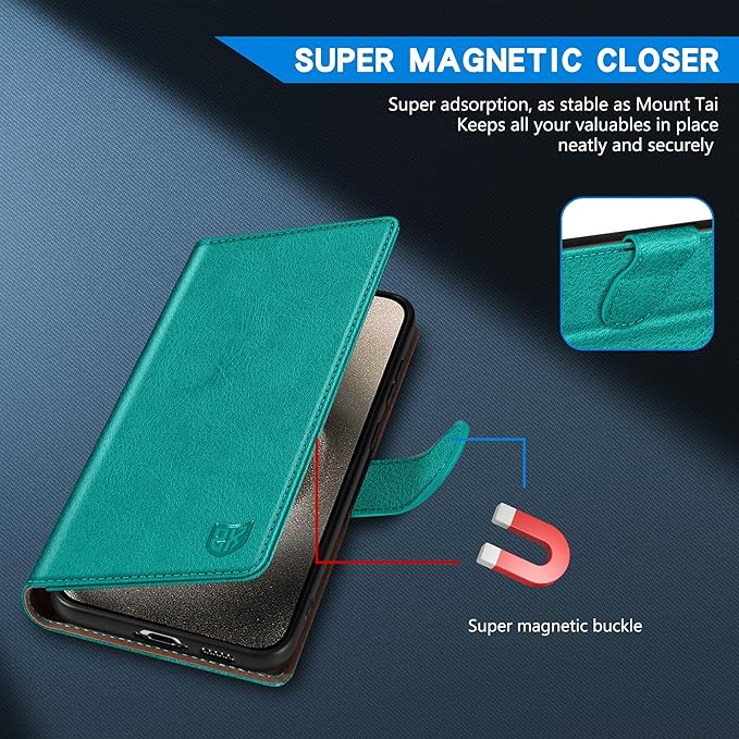 ZZXX for iPhone 15 Pro Max Wallet Case with [RFID Blocking] Card Slot Kickstand Magnetic Closure Leather Flip Fold Protective Phone Case for iPhone 15 Pro Max Case Wallet(Lake Blue-6.7 inch)