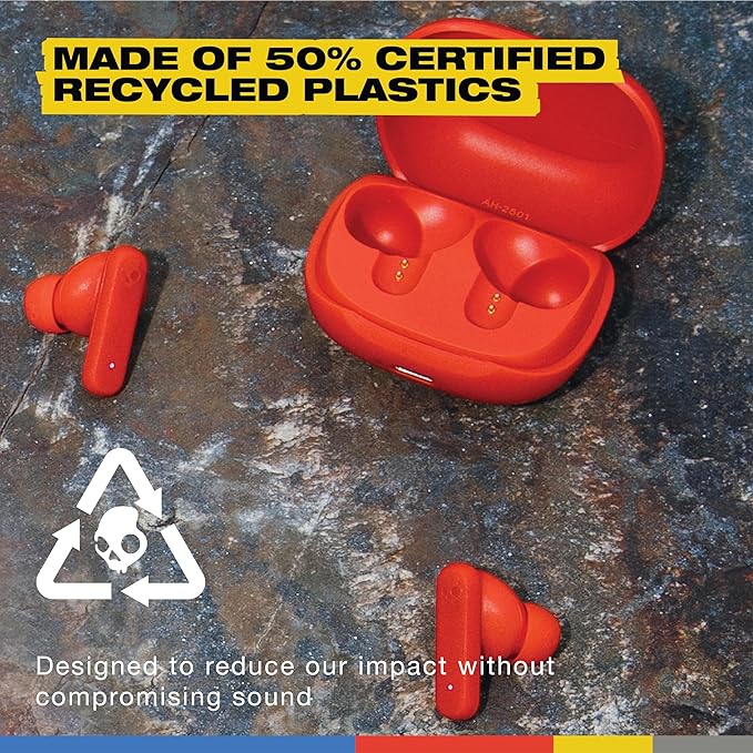 Skullcandy Smokin’ Buds Wireless Earbuds, Bluetooth Headphones, Noise Isolating Fit, Up to 20 Hours Battery, IPX4 Sweat and Water Resistant, Microphone for iPhone Android - Flame