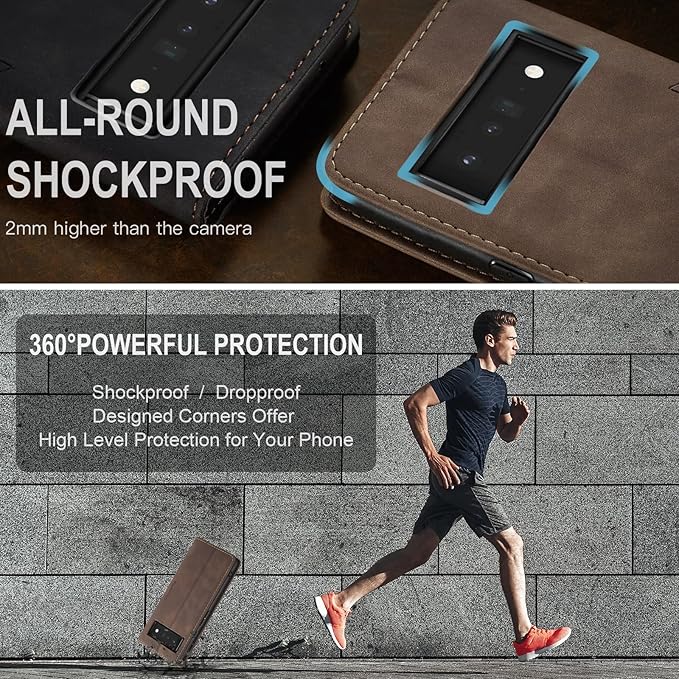 for Google Pixel 6 Pro Case, Flip Wallet Leather Case with Card Holder Magnetic Closure Shockproof Kickstand Protective Phone Cases Cover for Google Pixel 6 Pro,Coffee