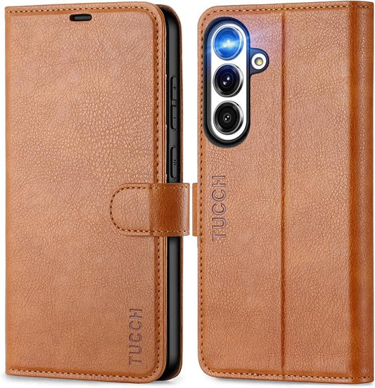 TUCCH Wallet Case for Galaxy S25 Plus 5G with [TPU Shockproof Interior Case] [RFID Blocking] Folio Stand Card Slot, Magnetic PU Leather Protect Folio Cover Compatible with Galaxy S25 Plus, Light Brown