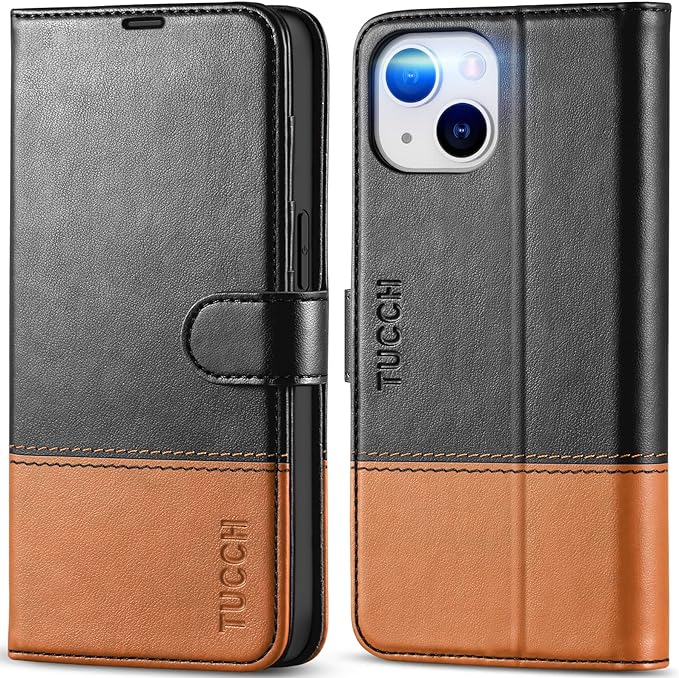 TUCCH Wallet Case for iPhone 14 5G, [RFID Blocking] Card Slot Holder Stand [Shockproof TPU Interior Case] PU Leather Magnetic Protective Flip Cover Compatible with iPhone 14 6.1", Black & Brown