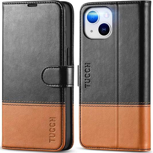 TUCCH Wallet Case for iPhone 14 5G, [RFID Blocking] Card Slot Holder Stand [Shockproof TPU Interior Case] PU Leather Magnetic Protective Flip Cover Compatible with iPhone 14 6.1", Black & Brown