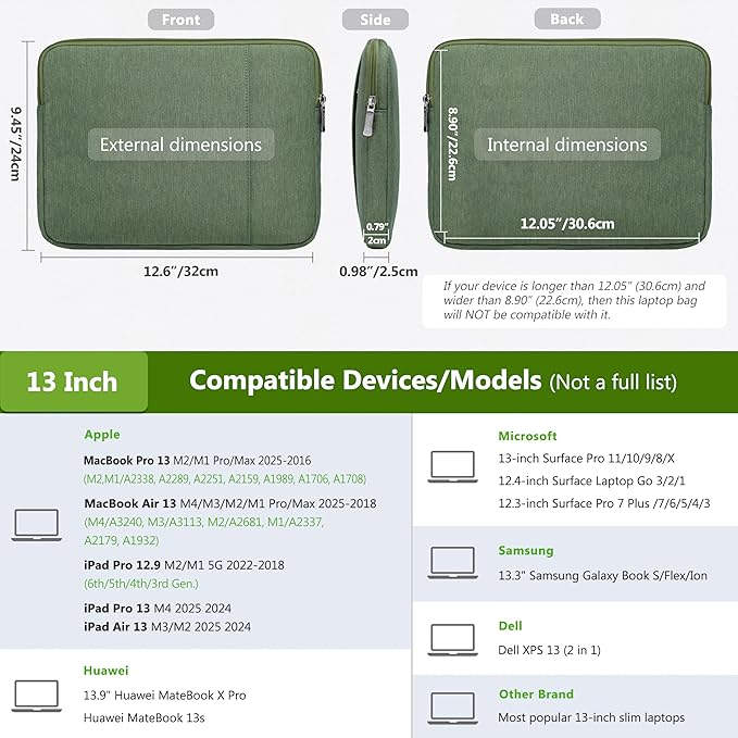 HYZUO 13 Inch Laptop Sleeve Bag Set for MacBook Air 13 M4/M3/M2/M1 2025-2018, MacBook Pro 13 M2/M1 2025-2016, iPad Pro/Air 13, XPS 13, Surface Pro, Notebook Case for 12"-13" Tablet, Grass Green