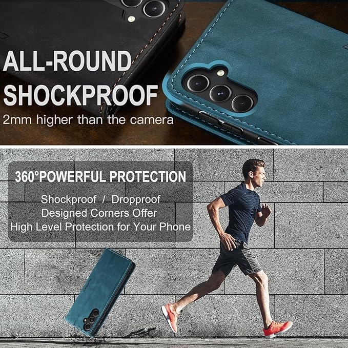 for Samsung Galaxy S23 FE Case, Flip Wallet Leather Case with Card Holder Magnetic Closure Shockproof Kickstand Protective Phone Cases Cover for Samsung S23 FE,Blue-Green